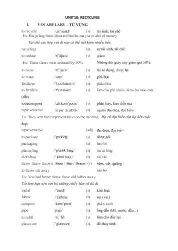 Ôn tập kiến thức môn Tiếng Anh Lớp 8 - Unit 10: Recycling