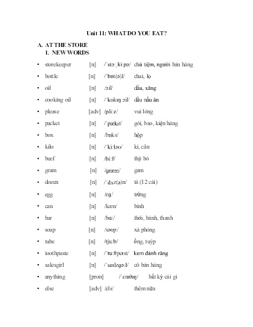 Ôn tập kiến thức Tiếng Anh 6 - Unit 11: What do you eat