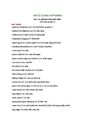 Ôn tập kiến thức Tiếng Anh 6 - Unit 12: Sports and pastime