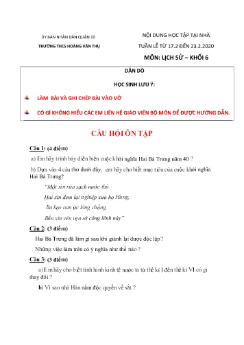 Ôn tập Lịch sử Khối 6 - Bài 20+21 - Năm học 2019-2020 - Trường THCS Hoàng Văn Thụ
