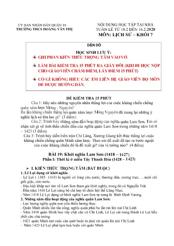 Ôn tập Lịch sử Khối 7 - Bài 19: Khởi nghĩa Lam Sơn (1418-1427) - Năm học 2019-2020 - Trường THCS Hoàng Văn Thụ