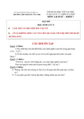 Ôn tập môn Lịch sử Khối 7 - Bài 20: Đại Việt thời Lê Sơ (1428-1527) - Năm học 2019-2020 - Trường THCS Hoàng Văn Thụ