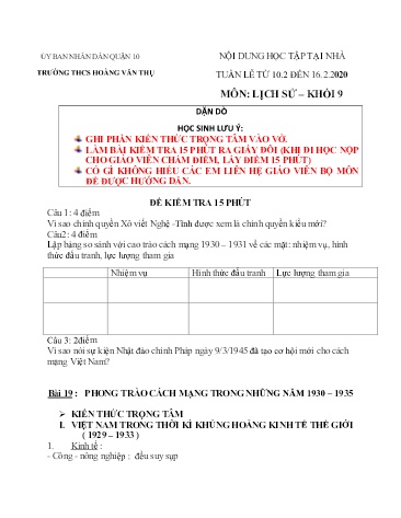Ôn tập môn Lịch sử Khối 9 - Bài 19 đến 22 - Năm học 2019-2020 - Trường THCS Hoàng Văn Thụ