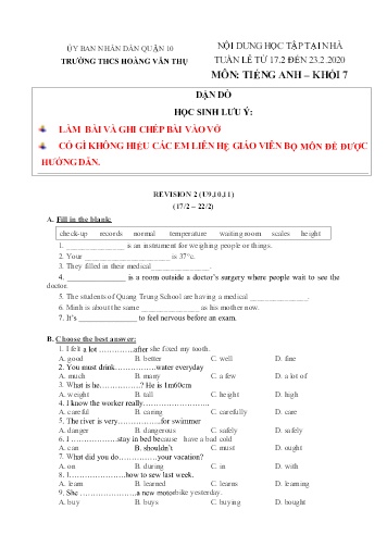 Ôn tập môn Tiếng Anh Khối 7 - Unit 10+11 - Năm học 2019-2020 - Trường THCS Hoàng Văn Thụ