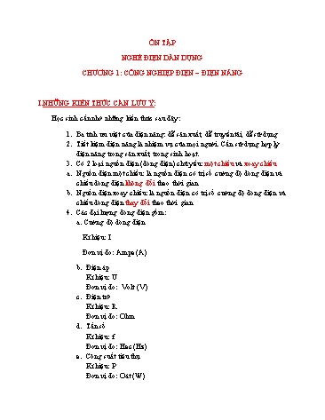 Ôn tập nghề Điện dân dụng - Chương 1: Công nghiệp điện. Điện năng