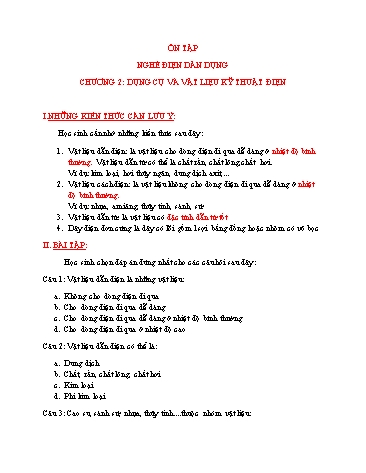 Ôn tập nghề Điện dân dụng - Chương 2: Dụng cụ và vật liệu kỹ thuật điện