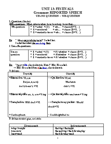 Ôn tập ngữ pháp Tiếng Anh Lớp 8 - Unit 13: Festivals