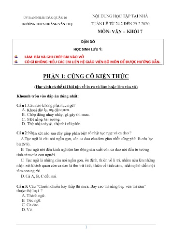 Ôn tập Ngữ văn Khối 7 - Tiết 81 đến 84 - Năm học 2019-2020 - Trường THCS Hoàng Văn Thụ