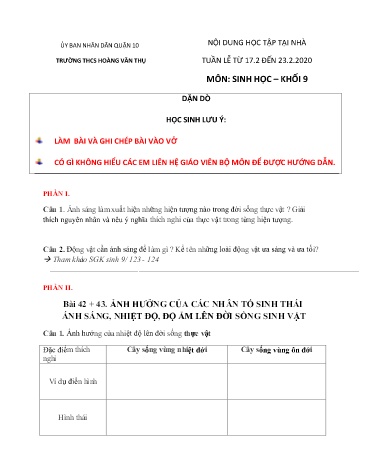 Ôn tập Sinh học Khối 9 - Bài 42 đến 44 - Năm học 2019-2020 - Trường THCS Hoàng Văn Thụ