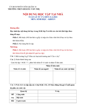 Ôn tập Sinh học Khối 9 - Tuần 23 - Năm học 2020-2021 - Trường THCS Hoàng Văn Thụ