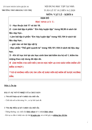 Ôn tập Vật lí Khối 6 - Bài 17+18 - Năm học 2019-2020 - Trường THCS Hoàng Văn Thụ