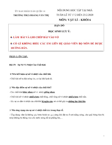 Ôn tập Vật lí Khối 6 - Bài 19+20 - Năm học 2019-2020 - Trường THCS Hoàng Văn Thụ