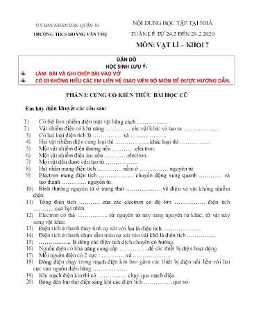 Ôn tập Vật lí Khối 7 - Bài: Chất dẫn điện và chất cách điện. Dòng điện trong kim loại - Năm học 2019-2020 - Trường THCS Hoàng Văn Thụ