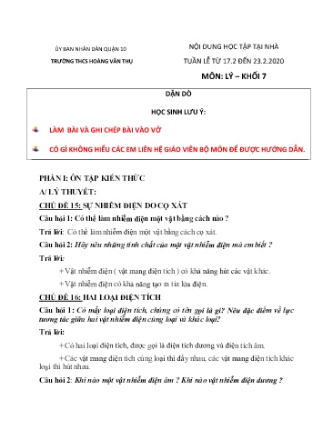 Ôn tập Vật lý Khối 7 - Bài: Dòng điện. Nguồn điện - Năm học 2019-2020 - Trường THCS Hoàng Văn Thụ