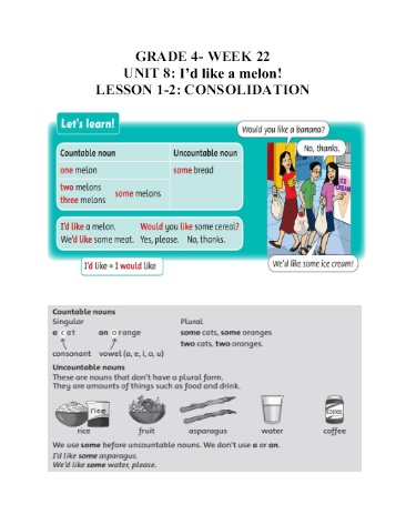 Phiếu bài tập Tiếng Anh Khối 4 - Unit 8: I’d like a melon - Lesson 1+2: Consolidation