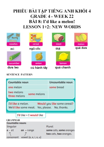 Phiếu bài tập Tiếng Anh Khối 4 - Unit 8: I’d like a melon - Lesson 1+2: New words Phiếu bài tập Tiếng Anh Khối 4 - Unit 8: I’d like a melon - Lesson 1+2: New words
