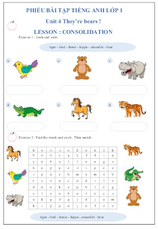 Phiếu bài tập Tiếng Anh Lớp 1 - Unit 4: They’re bears. Lesson: Consolidation