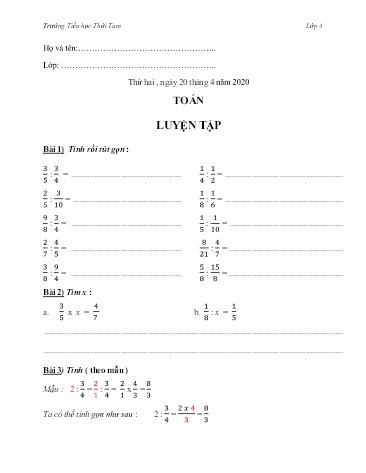 Phiếu bài tập Toán + Tiếng Việt Lớp 4 - Tuần 26 - Năm học 2019-2020 - Trường Tiểu học Thới Tam