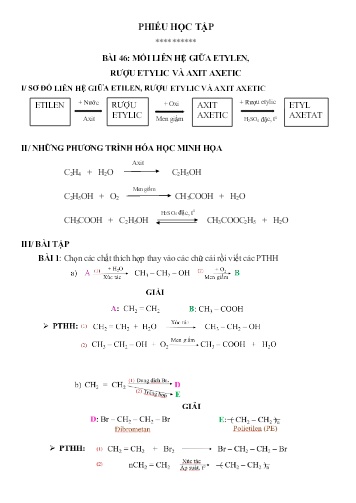 Phiếu học tập môn Hóa học Lớp 9 - Bài 46: Mối liên hệ giữa etylen, rượu etylic và axit axetic