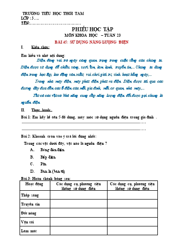 Phiếu học tập môn Khoa học + Địa lí + Lịch sử Lớp 5 - Tuần 23 - Trường Tiểu học Thới Tam