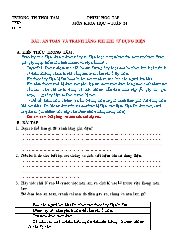 Phiếu học tập môn Khoa học + Địa lí + Lịch sử Lớp 5 - Tuần 24+25 - Trường Tiểu học Thới Tam