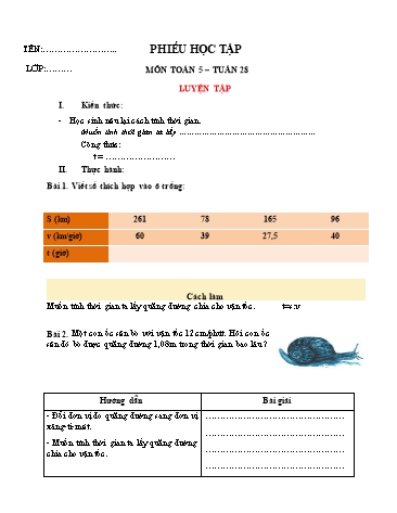 Phiếu học tập môn Toán Lớp 5 - Tuần 28