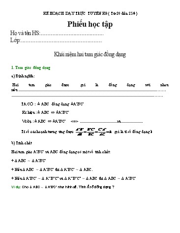Phiếu học tập Toán Lớp 8 - Bài: Khái niệm hai tam giác đồng dạng