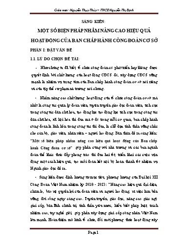 Sáng kiến kinh nghiệm Một số biện pháp nhằm nâng cao hiệu quả hoạt động của Ban chấp hành Công đoàn cơ sở