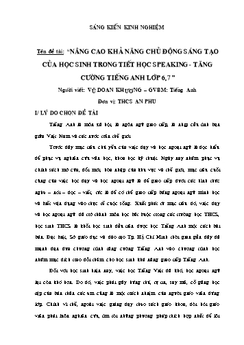 SKKN Nâng cao khả năng chủ động sáng tạo của các học sinh trong tiết dạy Speaking - Môn Tăng cường Tiếng Anh Lớp 6,7