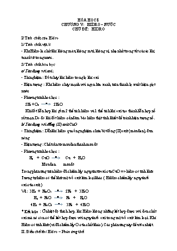 Tài liệu Ôn tập kiến thức môn Hóa học 8 - Chương V: Hidro, Nước - Chủ đề: Hidro