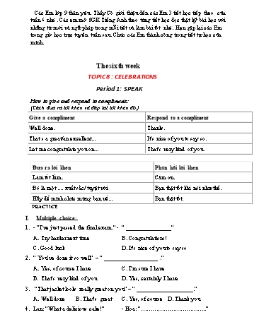 Tài liệu Ôn tập kiến thức Tiếng Anh 9 - Tuần 6, Topic 8: Celebrations