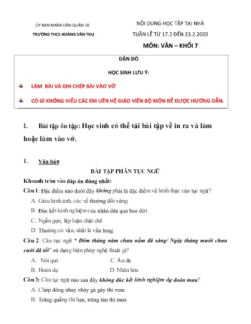 Tài liệu Ôn tập tại nhà môn Ngữ văn Khối 7 - Tuần 17/2 đến 23/2 - Năm học 2019-2020 - Trường THCS Hoàng Văn Thụ