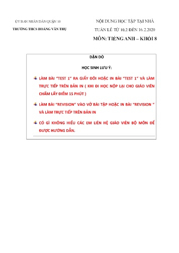 Tài liệu Ôn tập tại nhà môn Tiếng Anh Khối 8 - Tuần 10/2 đến 16/2 - Năm học 2019-2020 - Trường THCS Hoàng Văn Thụ