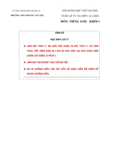 Tài liệu Ôn tập tại nhà môn Tiếng Anh Khối 9 - Tuần 10/2 đến 16/2 - Năm học 2019-2020 - Trường THCS Hoàng Văn Thụ