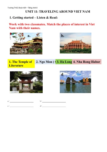 Tài liệu Ôn tập Tiếng Anh Lớp 8 - Tuần 22, Unit 11: Traveling Around Viet Nam. Lesson: Getting started + Listen & Read - Trường THCS Đoàn Kết