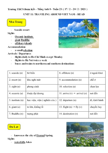 Tài liệu Ôn tập Tiếng Anh Lớp 8 - Tuần 23, Unit 11: Traveling Around Viet Nam. Lesson: Read - Năm học 2020-2021 - Trường THCS Đoàn Kết