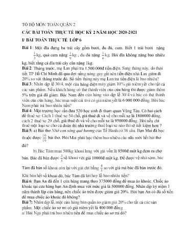 Tổng hợp Các bài toán thực tế học kỳ 2 Khối THCS - Năm học 2020-2021