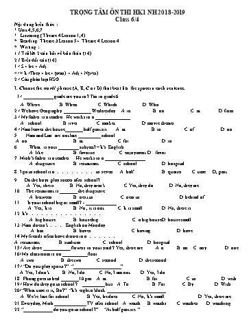 Trọng tâm ôn thi học kì I môn Tiếng Anh Lớp 6 - Năm học 2018-2019