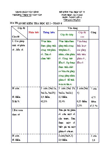 2 Đề kiểm tra học kỳ II môn Toán Lớp 6 - Năm học 2017-2018 - Trường THCS Võ Văn Tần (Có đáp án)