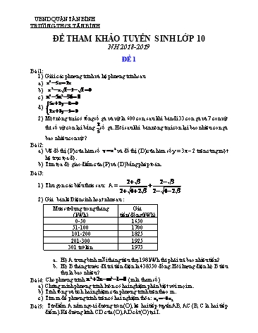 2 Đề tham khảo tuyển sinh 10 môn Toán - Năm học 2018-2019 - Trường THCS Tân Bình (Có đáp án)