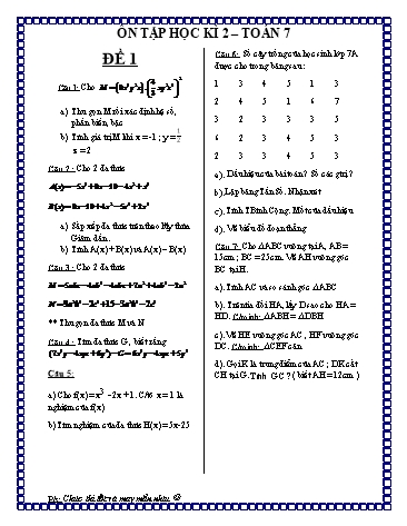 6 Đề ôn tập học kì 2 môn Toán Lớp 7
