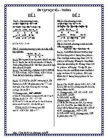 8 Đề ôn tập học kì 2 môn Toán Lớp 8