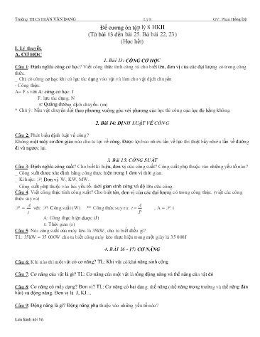 Đề cương ôn tập học kì II môn Vật lý 8 - Bài 13 đến Bài 25 (Bỏ Bài 22+23) - Phan Hồng Đệ