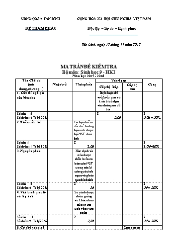 Đề kiểm tra định kì học kì I môn Sinh học 9 - Năm học 2017-2018 - Trường THCS Âu Lạc (Có đáp án)