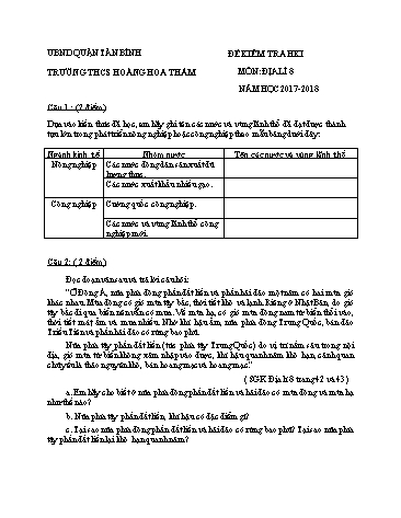 Đề kiểm tra học kì I môn Địa lí Lớp 8 - Năm học 2017-2018 - Trường THCS Hoàng Hoa Thám (Có đáp án)