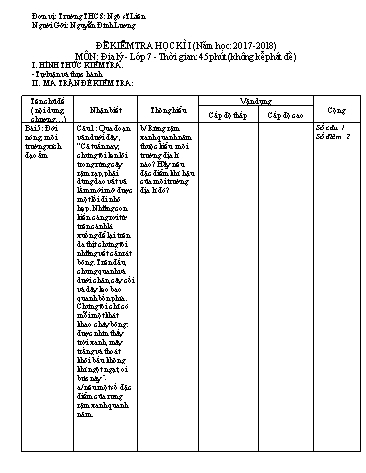Đề kiểm tra học kì I môn Địa lý Lớp 7 - Đề A - Năm học 2017-2018 - Nguyễn Đình Lương (Có đáp án)