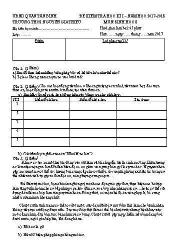 Đề kiểm tra học kì I môn Sinh học 8 - Năm học 2017-2018 - Trường THCS Nguyễn Gia Thiều (Có đáp án)