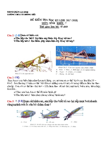 Đề kiểm tra học kì I môn Sinh học Khối 7 - Năm học 2017-2018 - Trường THCS Lý Thường Kiệt (Có đáp án)