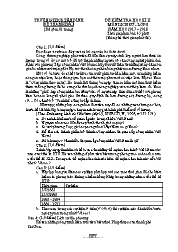 Đề kiểm tra học kì II môn Lịch sử Lớp 8 - Năm học 2017-2018 - Trường THCS Tân Bình (Có đáp án)