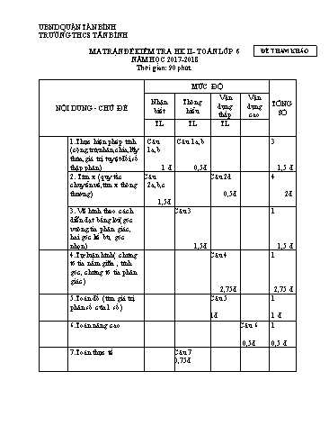 Đề kiểm tra học kì II môn Toán Lớp 6 - Năm học 2017-2018 - Trường THCS Tân Bình (Có đáp án)
